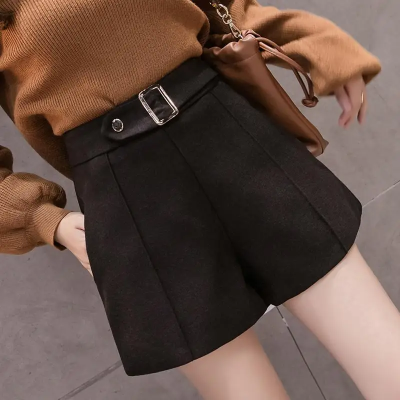 Модные новые осенние зимние Формальные шорты женские с высокой талией шерстяные толстые повседневные женские короткие брюки офисные женские шорты WH67 - Цвет: Черный