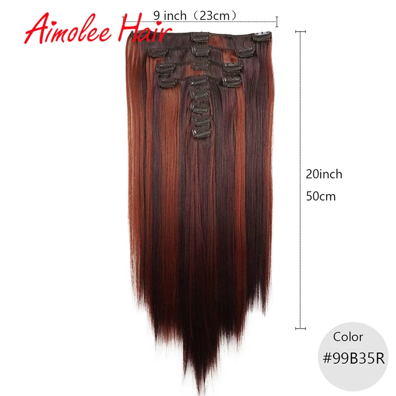 20inch 8pcs/set Blonde Highlight Synthetic Long Straight Hairpiece Clip In Hair Extensions 7 Color 16 Clip High Temperature