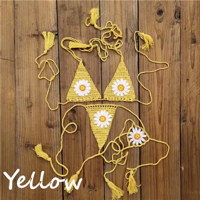 13 цветов ручной вязки кружева стринги ромашка аппликация Мини Набор микро-бикини Купальники для купания - Color: Yellow