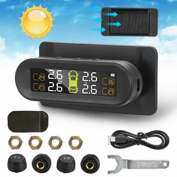 

Wireless Solar TPMS Car Windshield Tire Pressure Monitor System Adjustable LCD Color Sn with 4 External Sensors