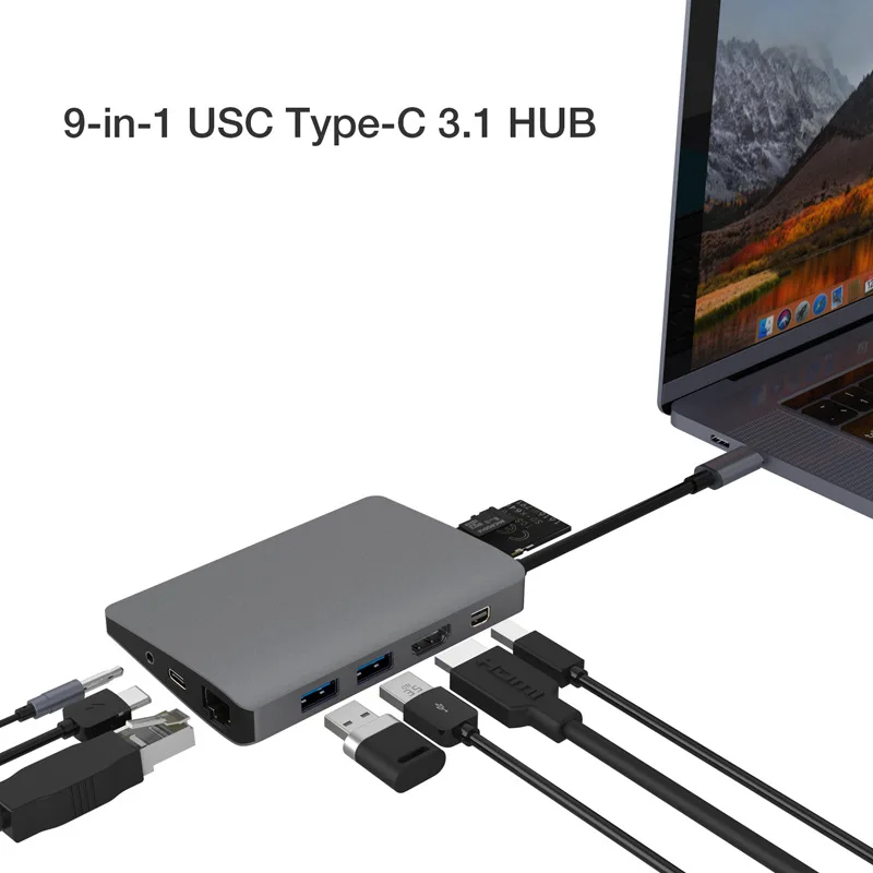 9-in-1 Space Grey YMY 9 в 1 взаимный обмен данными между компьютером и периферийными устройствами C Hub адаптер USB-C для дисплейный порт MiniDP типа 4K HDMI USB3.0 SD/TF Card Reader PD зарядки Gigabit Ethernet 3,5 мм Jack C-концентраторы - Цвет: 9-in-1 Space Grey