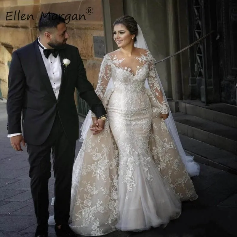 Vestidos De Novia Съемная юбка Русалка Свадебные платья с длинными рукавами и круглым вырезом кружева иллюзия Аппликации Тюль Свадебные платья