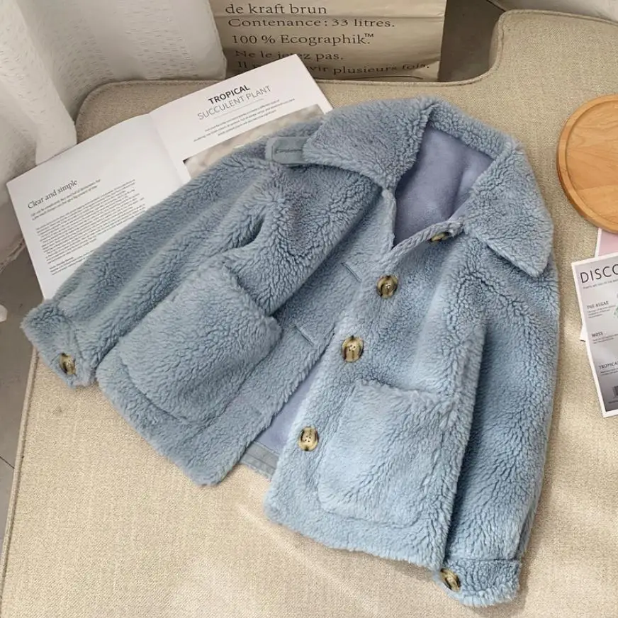 light blue Пальто с искусственным мехом для детей от 2 до 12 лет Детский плюшевый медвежонок, плотная теплая верхняя одежда однобортное пальто modis, детские зимние куртки, Y2395 - Цвет: light blue