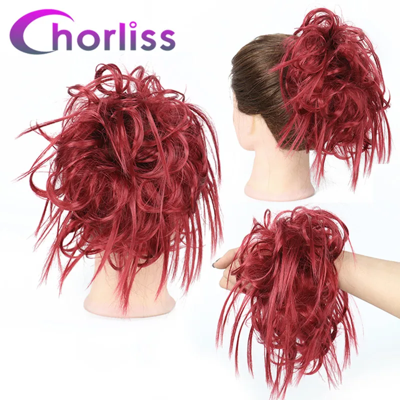 Синтетические вьющиеся грязные шиньон булочка шиньон резинки для волос Chorliss поддельные накладные волосы булочка Updo шиньон резинка для наращивания волос - Цвет: Burgundy