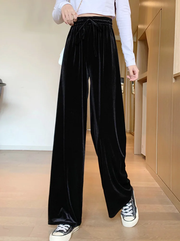 Весенне-осенние черные бархатные широкие брюки женские свободные прямые трубы
