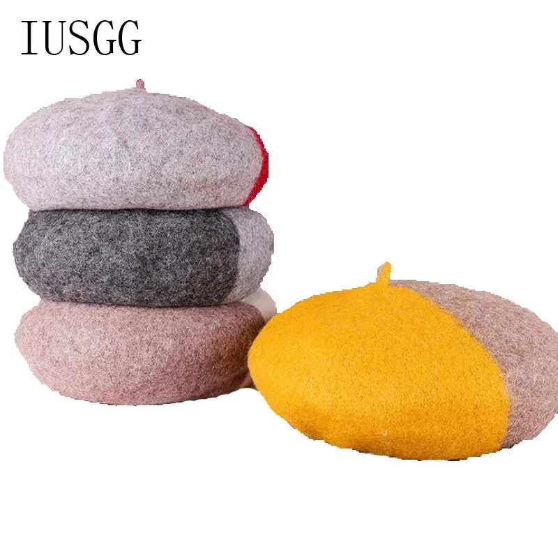 

Winter Ladies Beret Hat Cute Children Warm Beanie Painter Style Hat Female Warm Walking Cap Artist Beret Hat Patchwork Bonnet