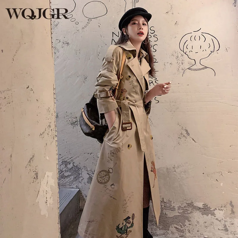 

WQJGR 2020 Autumn Trench Coat Women Long Sleeve Printing Windbreaker Double Breasted Trench Femme