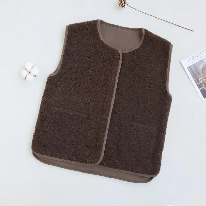 Vest Jacket New Women Solid Short Loose Lambs Plush Vest Women's Fall Winter Korean Style Sleeveless Female Coats Warm Waistcoat 4
