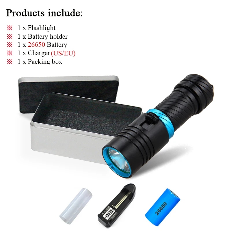 IHQ001D1-BOX XM-L2, профессиональный фонарик для дайвинга, 100 м, портативный светодиодный фонарь для подводного плавания, usb 18650 или 26650, перезаряжаемый аккумулятор - Испускаемый цвет: IHQ001D1-BOX
