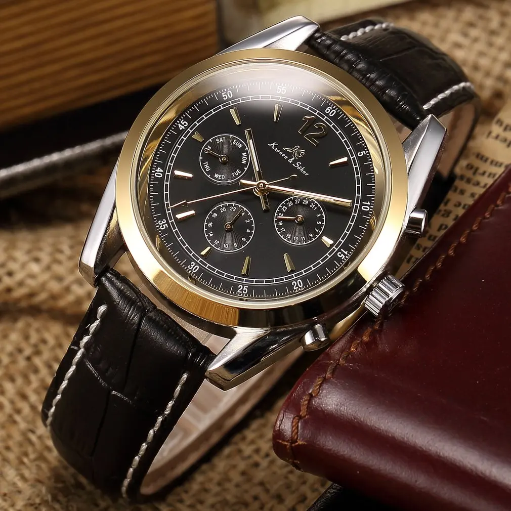 

KS Golden Stainless Steel Case Automatic Mechanical Movement Analog Leather Strap Men Self Winding Casual Watches / KS172