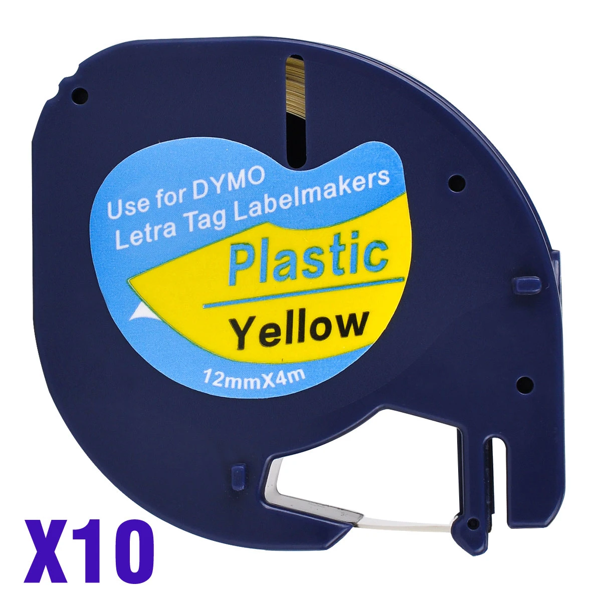 10 Compatible Dymo LetraTag 91202 Black on Yellow 12mm x 4m Plastic Label Tapes for LT-100H, LT-100T, LT-110T, QX 50, XR, XM,