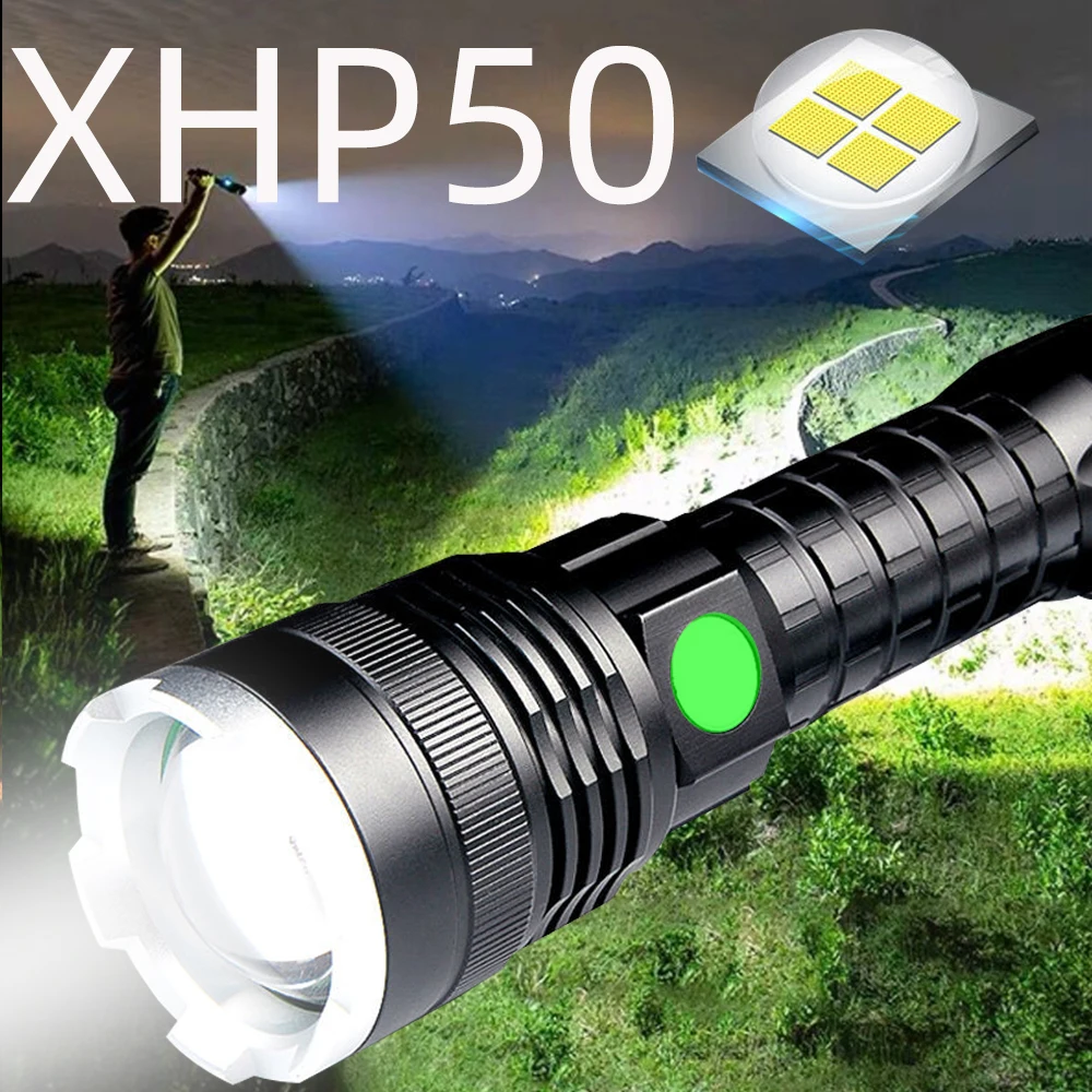 Flashlight Bright XHP50.2 LED Torch USB Rechargeable Zoomable LED Light Outd Fw 
