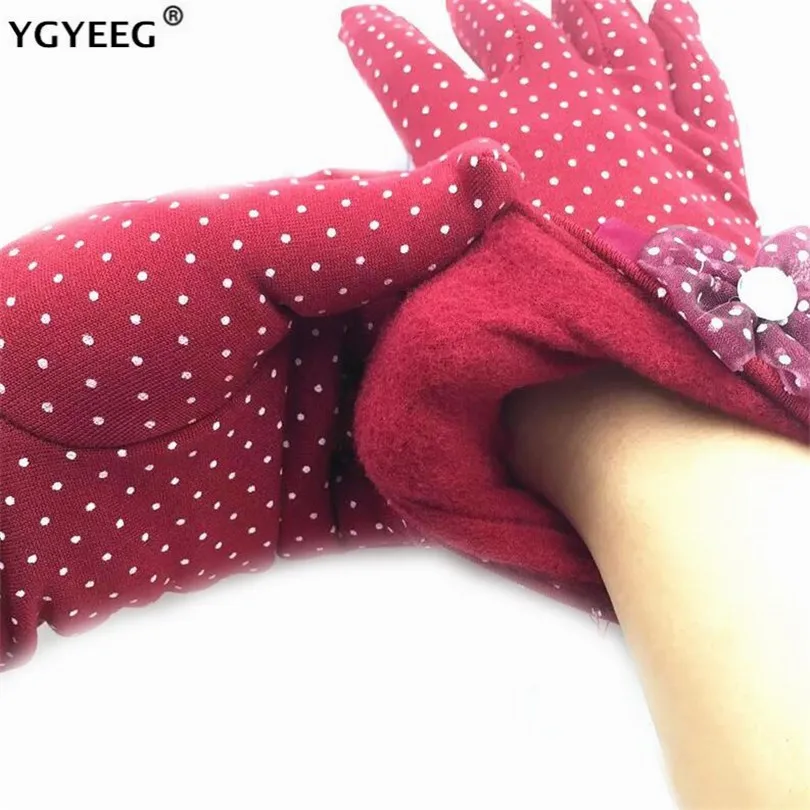 

YGYEEG New White Dot Ladies Butterfly Knot Red Purple Gloves Winter Warm Female Mittens Women Diamond Glove Wrist Length Guantes