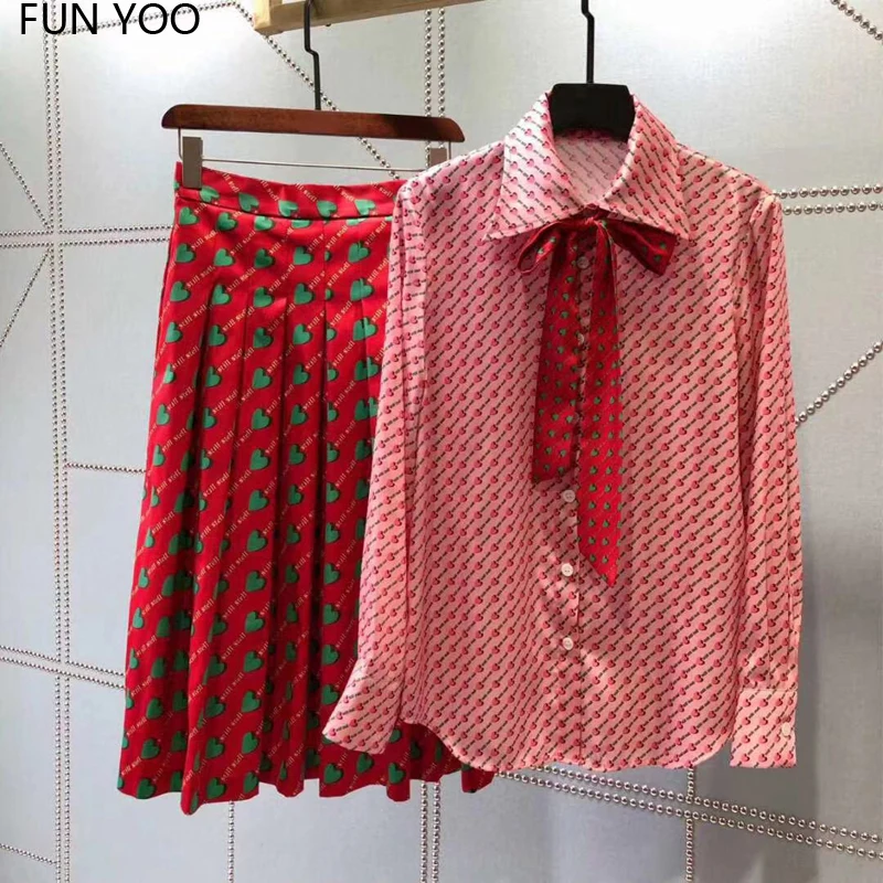 

2019 Woman Suits Turn down Collar Bow Full Sleeves Shirt Pleated Mid-calf Skirt Print Sweet High Street Chic
