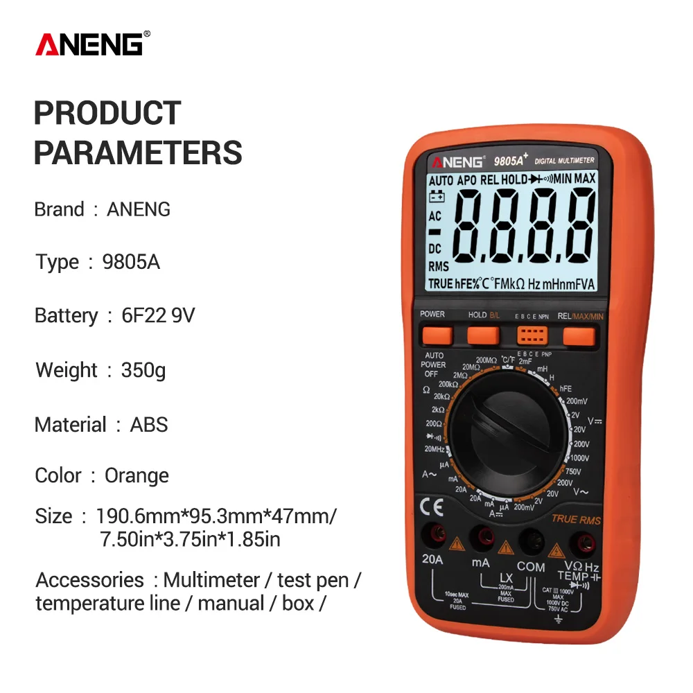 ANENG 9805A+ True RMS Цифровой мультиметр 2000 отсчетов ручное Сопротивление Емкость проводимость температурный транзистор