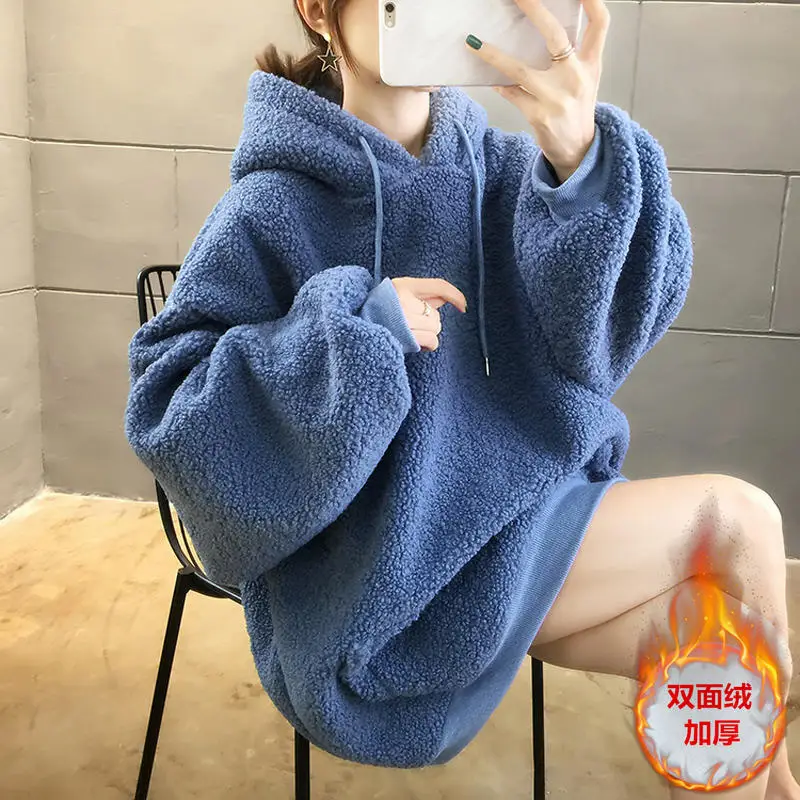 Blue Hoodies Harajuku, толстовки, женская одежда, пуловер, толстовки с длинным рукавом, Повседневная теплая толстовка, толстовки, Женская свободная толстовка из овечьей шерсти, Q2217 - Цвет: Blue Hoodies