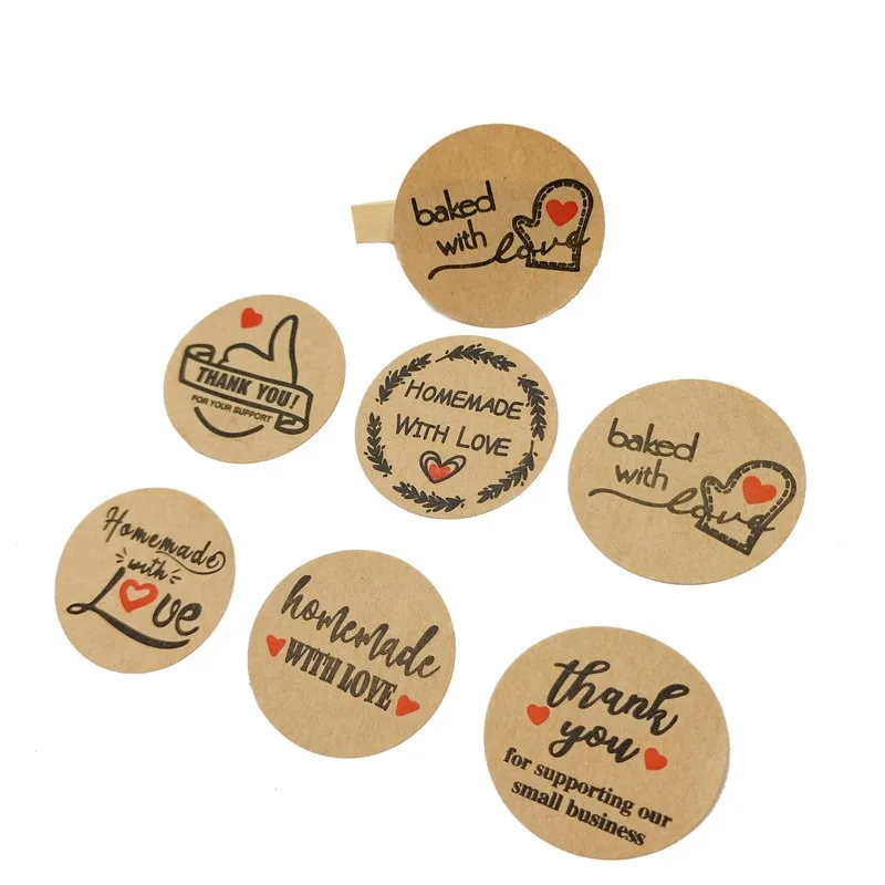 

100pcs/pack Round Kraft paper homemade with love/thank you/baked gloves small business Thumbs up 35*35mm