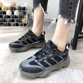 

Spring Summer New Mesh Breathable Flat Platform Shock Absorption Lightweight Fashion Korean Casual Chic Black Women's Dad Shoes