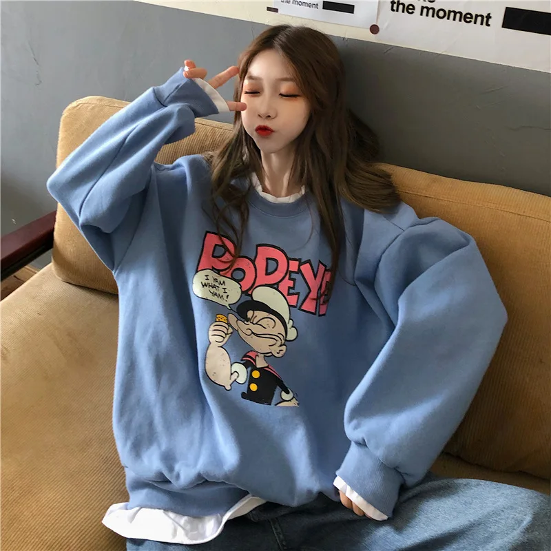

2020 Autumn Super Fire Loose Fake Two Pieces Of Casual Hip-hop Mid-length Female Plus Velvet Thick Devil Horn Sweatshirt