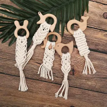

Wooden Woodland Animal Macrame Natural Cotton Baby Teether Wood Dolphin Elephant Bird Boho Teething Toy