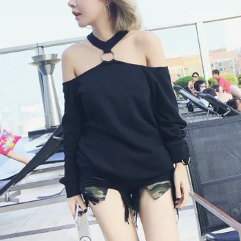 

Women Sexy Cotton Sweatshirt Slash Neck Halter Top Oversize Strapless Off Shoulder Casual Black White Top Autumn Clothing