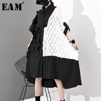 

[EAM] Women Contrast Color Patch Big Size Shirt Dress New Lapel Long Sleeve Loose Fit Fashion Tide Spring Autumn 2020 1S039