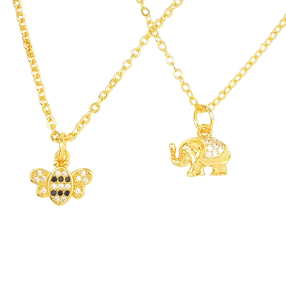 

24K Gold Small Elephant Long Necklace Women Tiny Jewelry Cute Animal Necklaces for Girls Cubic Zirconia Bee Pendant Necklace