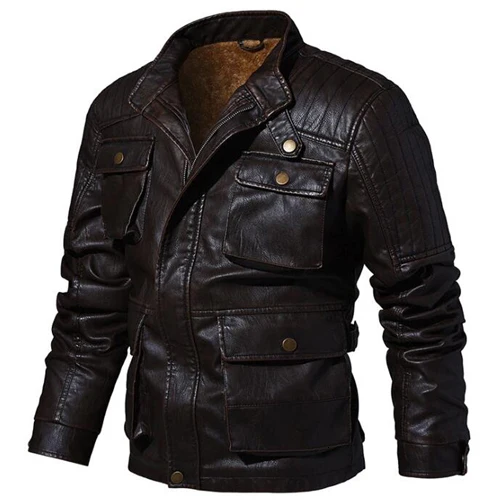 Байкерская куртка мужские зимние куртки мужские мотоциклетные кожаные куртки мужские толстые пальто Jaqueta De Couro Masculino Размер 5XL - Цвет: Coffee 9988
