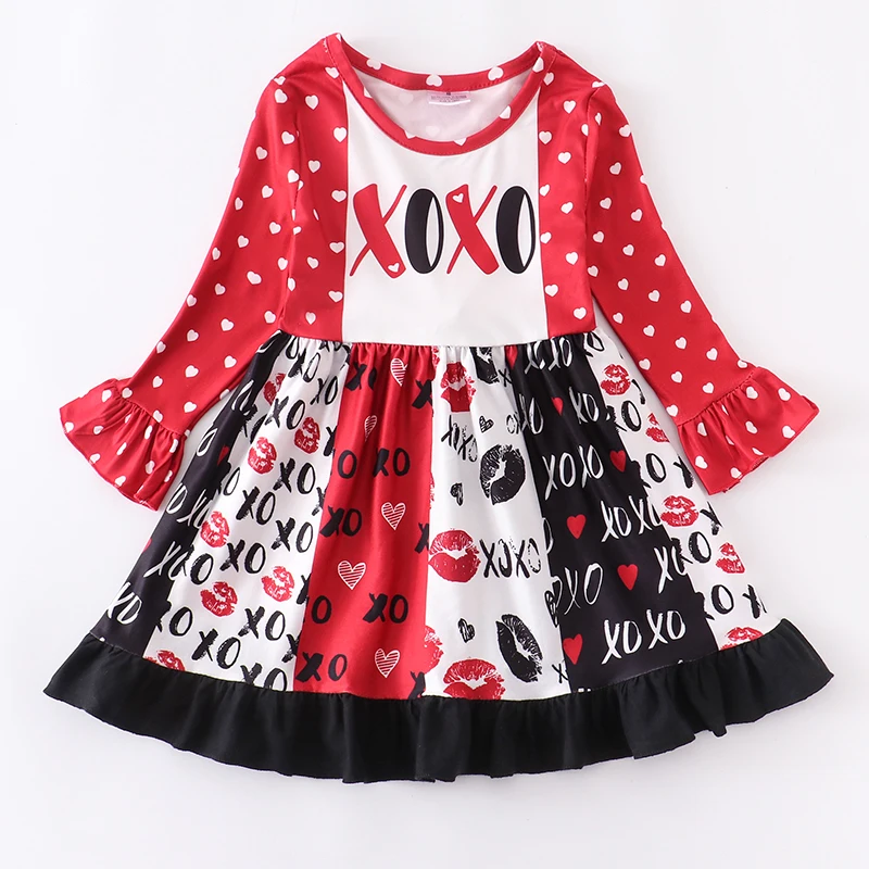 Girlymax Valentine's Day Baby Girls Kids Clothing Milk Silk Belt Ruffle Dots Dress Knee Length XOXO Love Heart | Детская одежда и