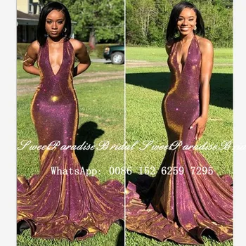

Bling Sequined Mermaid Prom Dresses Long Court Train 2020 African Women Halter Deep V Neck Evening Dress Vestido De Festa