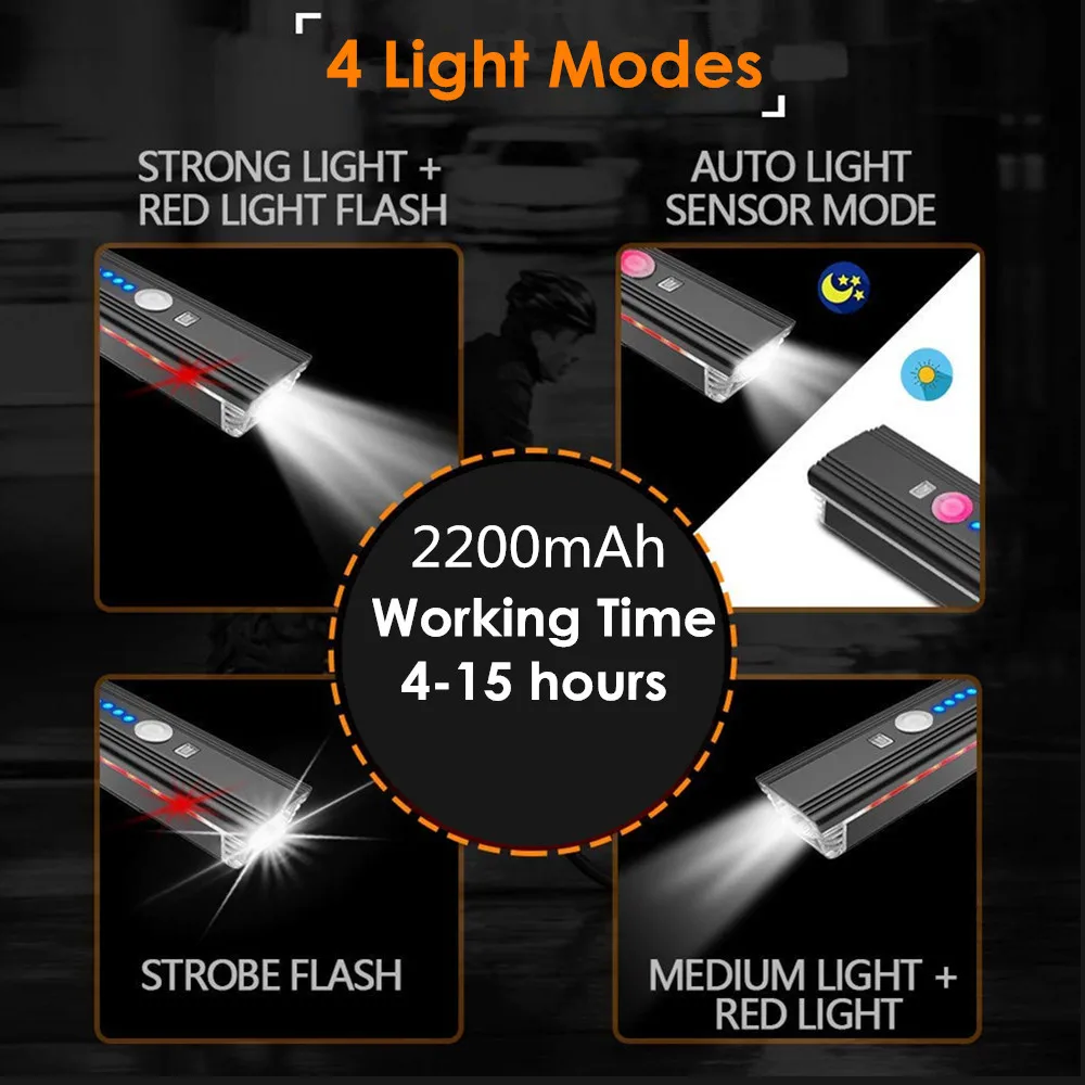 2200 мА/ч умный индукционный велосипедный передний светильник, комплект, USB Перезаряжаемый светодиодный задний светильник и головной светильник с рогом, светильник-вспышка для велосипеда