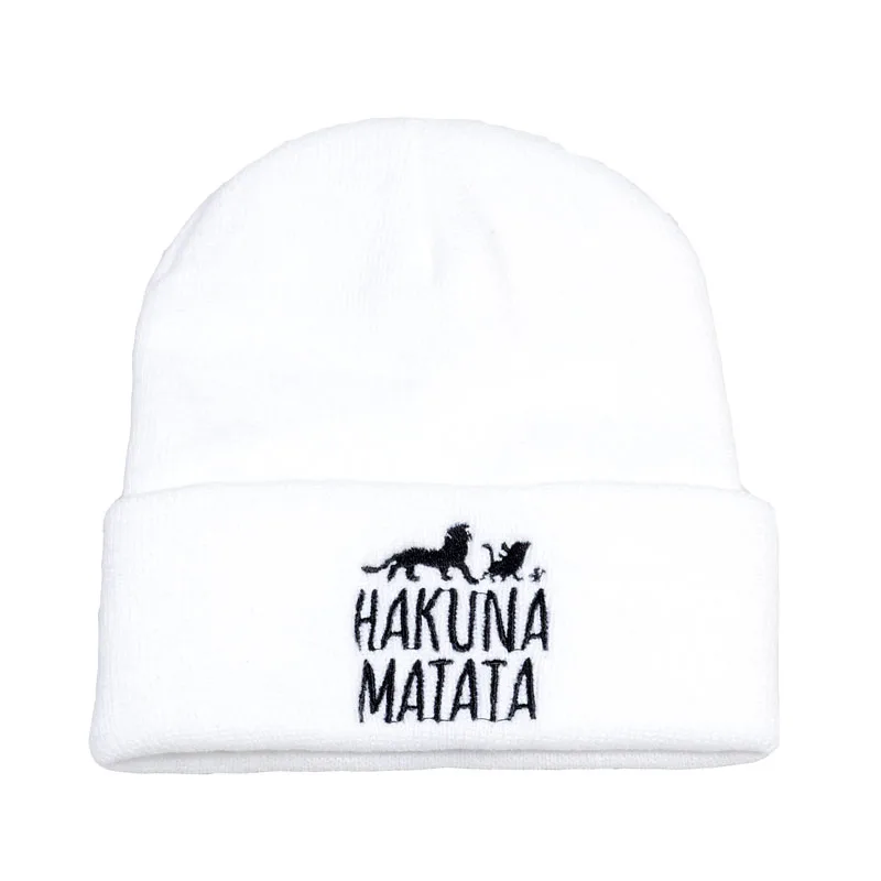 Men Funny Beanie Lion King Knit hat Winter Warm Women Knitted Hat Hakuna Matata Cool Black Skullies Embroidery hip hop cap - Цвет: Белый