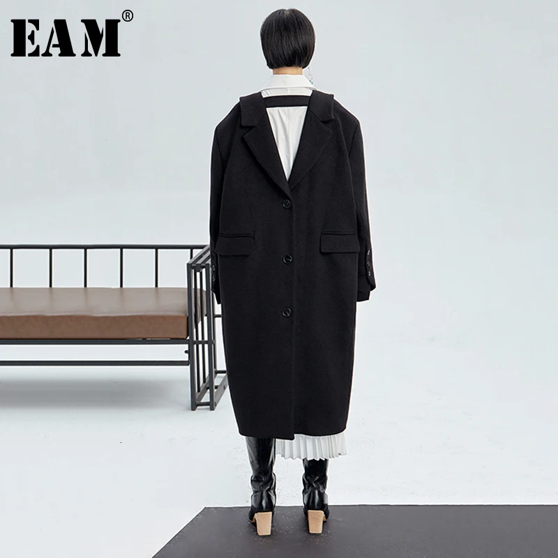 [EAM] свободное черное шерстяное пальто с открытой спиной большого размера, парки, новинка, длинный рукав, женская мода, Осень-зима, 1K725