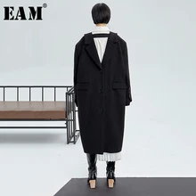 [EAM] свободное черное шерстяное пальто с открытой спиной большого размера, парки, новинка, длинный рукав, женская мода, Осень-зима, 1K725