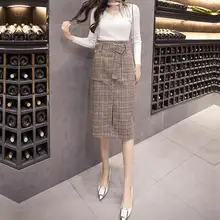 Женская Осенняя шерстяная теплая прямая клетчатая юбка, Зимняя юбка размера плюс с поясом, Офисная элегантная юбка с высокой талией