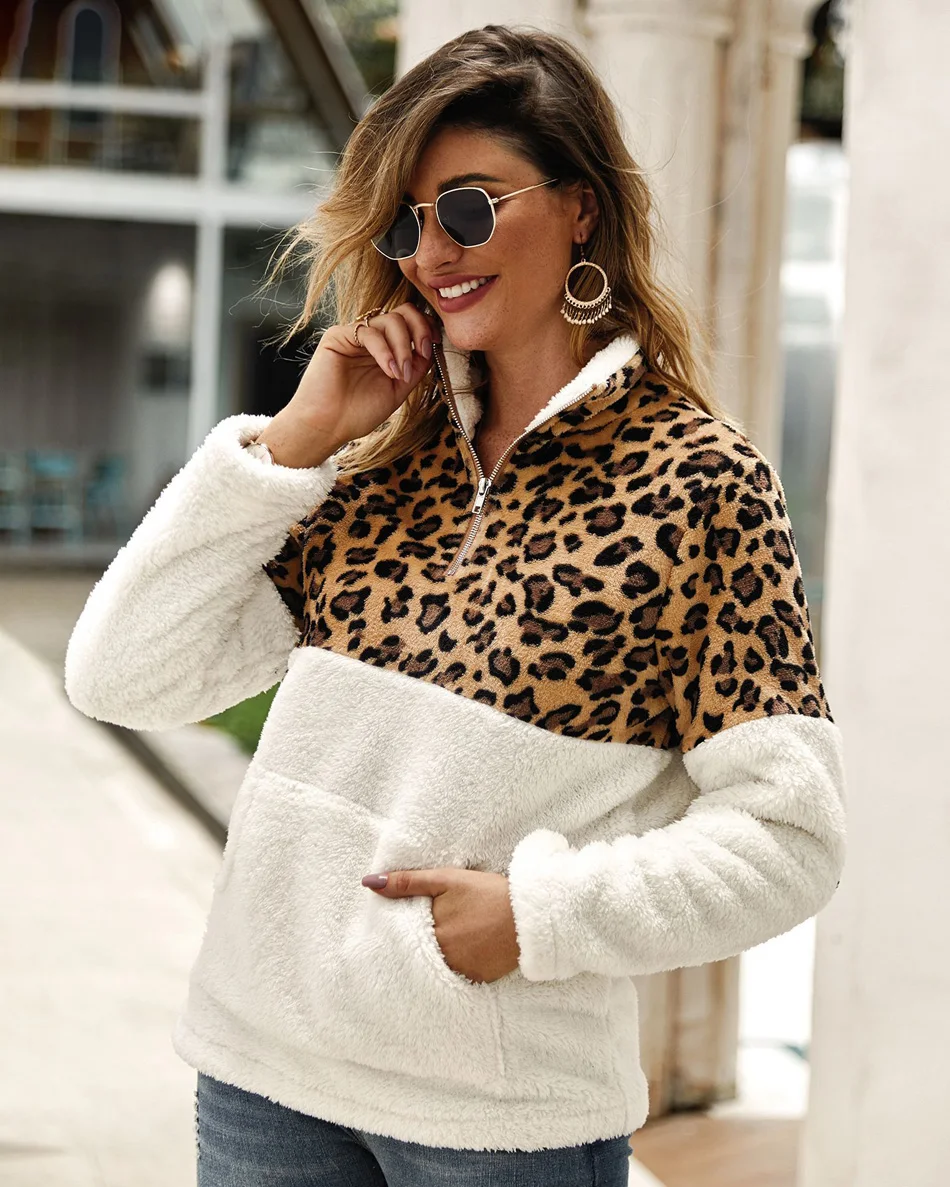 Lossky/зимний свитер с леопардовым принтом в стиле пэчворк; женские плюшевые топы с длинными рукавами и карманами; пуловер на молнии; теплая женская одежда;