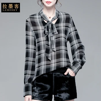 

2020 popular women's new shirt bow tie black and white plaid Top Long Sleeve Chiffon shirt autumn