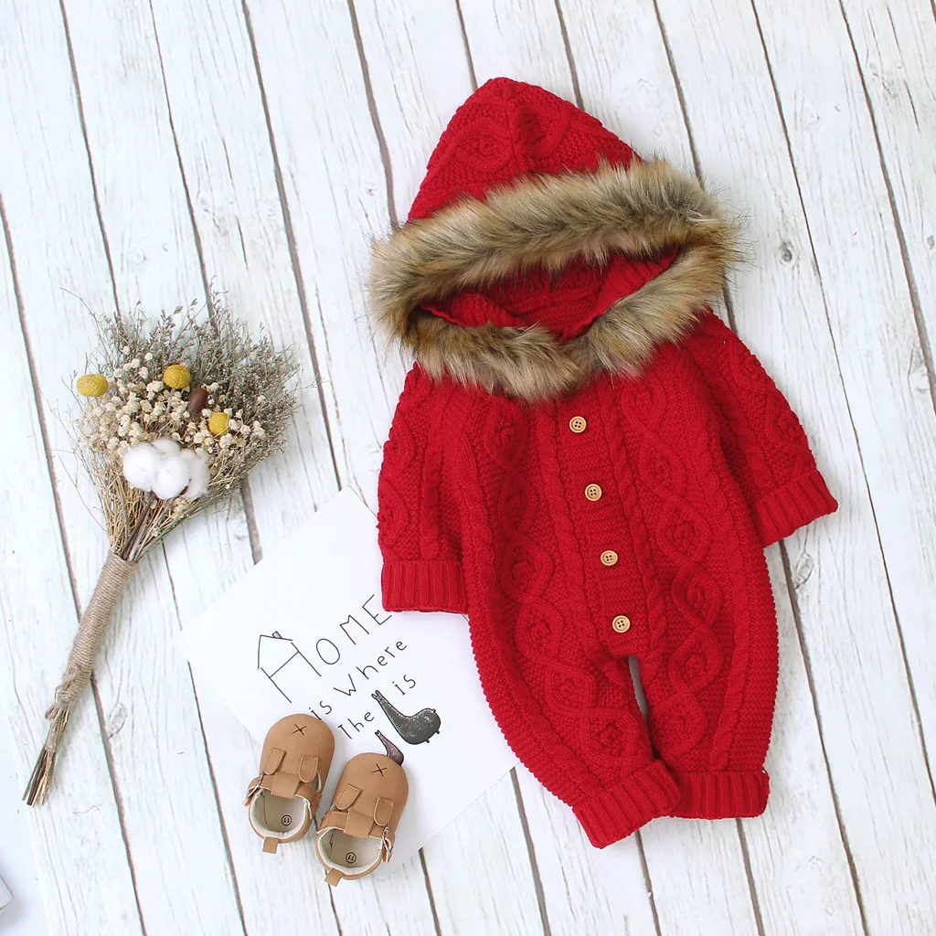 Детский комбинезон; зимняя одежда для малышей; теплый свитер с капюшоном для маленьких мальчиков и девочек; вязаный теплый комбинезон с воротником из искусственного меха - Цвет: Красный