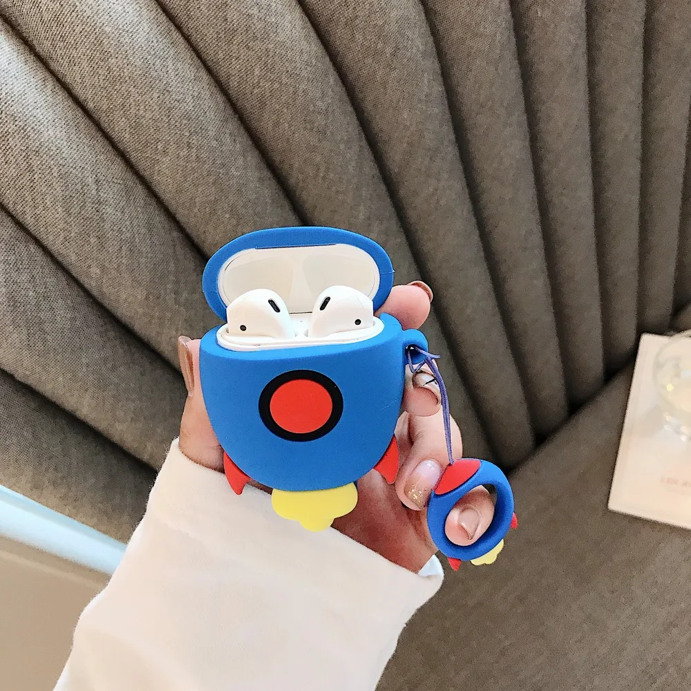 Чехол для наушников с 3D рисунком ракеты для Apple AirPods 1 2, bluetooth-гарнитура, зарядная коробка, милый мягкий силиконовый чехол с кольцом-ремешком