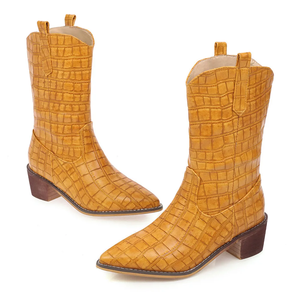 Ботинки осень-зима г. Новые женские повседневные ковбойские ботинки на квадратном каблуке, с острым носком, без шнуровки, с вышивкой ботинки до середины икры Новинка,# O18