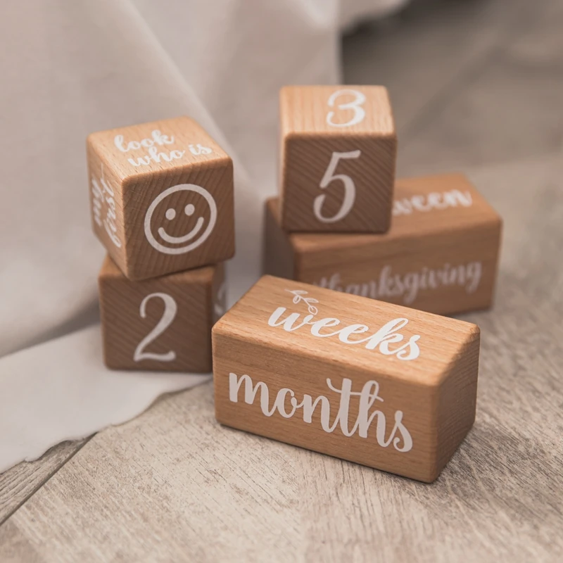 6pcs/1Set Baby Month Milestone Card Beech Block Square Engraved Newborn Birth Month Birthday Milestones Block Photography Props hand & footprint makers book