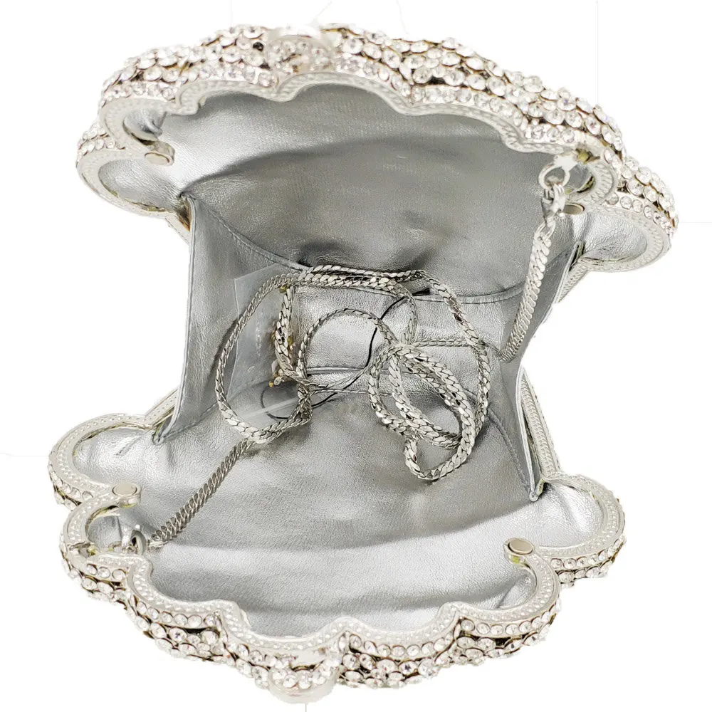 Double Flower Icecream Women Silver Crystal Clutch Evening Purses and Handbags Hard Case Wedding Party Rhinestones Bag