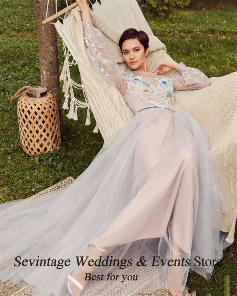 Sevintage Long Sleeve Flowers Appliqued Evening Dresses Criss Cross Back Buttons Formal Party Gowns vestidos de gala