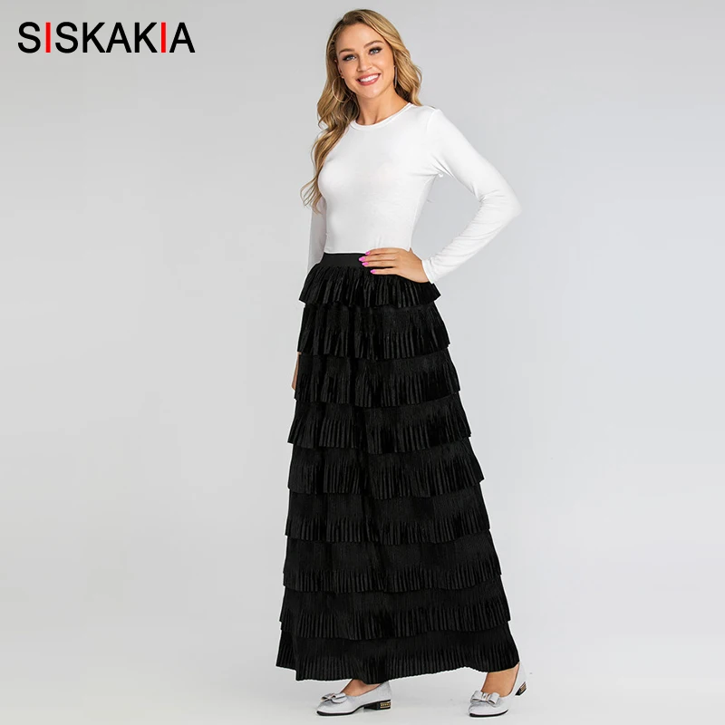 Siskakia, юбка макси, однотонная, Вельветовая, модная, эластичная, многослойные, гофрированные длинные юбки, Лоскутная, повседневная, для женщин, низ, большая, Свинг, новинка