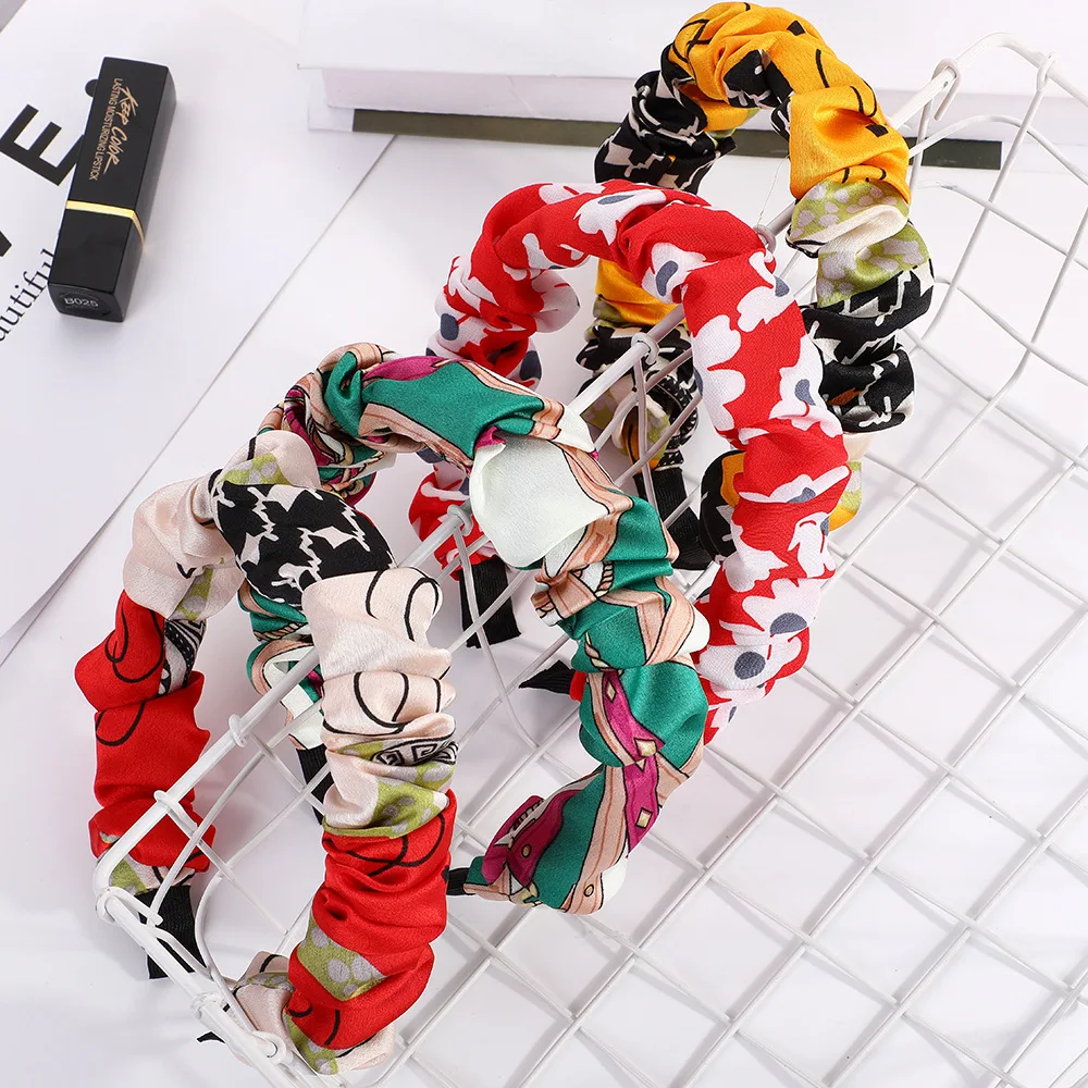 

New Bohemia Pleated Headband For Women Solid Satin Hairbands Bezel Turban Girls Hair Accessories Flower Print Head Hoop Headwear