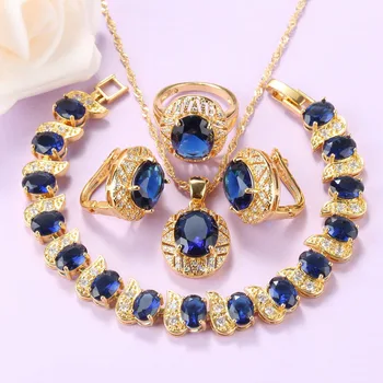 

AAA+ Quality Blue Zircon Gold Color African Jewelry Set For Women Trendy Costume Clip Earrings Necklace Charm Bracelet And Ring