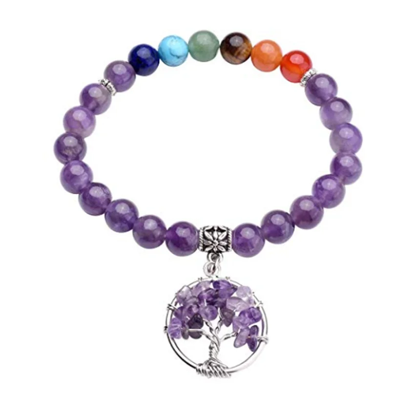 

Silver Plated Tree of Life Connect Amethysts Round Beads Elastic Bracelet Colorful Stone Healing Chakra Jewelry