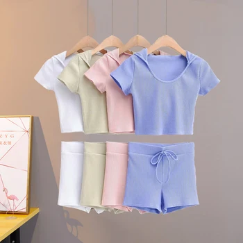 

Women Casual Two piece sets 2020 Summer Women's Hooded Short-Sleeved T-shirt Tether Elastic Shorts Female womens tracksuit set