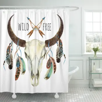 

Cow Skull Animal Feathers Buffalo Wild and Free Watercolor Shower Curtain Polyester 72 x 78 inches Set with Hooks