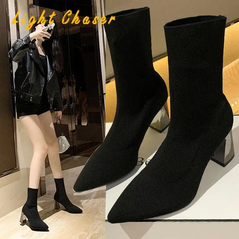 Pointed High-heeled Boots Women's Autumn/winter Knit Socks Boots Mid-tube Stretch Boots Mid-heel Thick-heeled Women's Short Boot